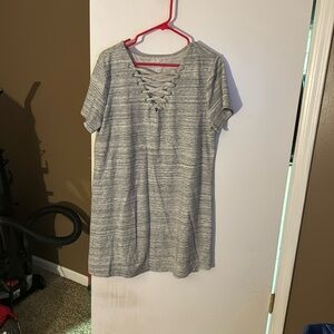 Gray lace up midi sweatshirt dress.